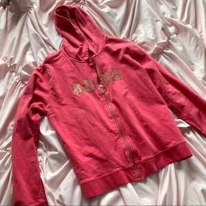 Vintage Y2K BCBG Rhinestone Bedazzled Pink Zip Up Hooded Sweatshirt
